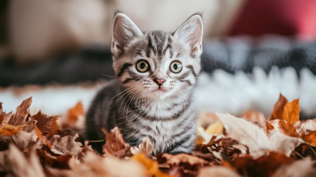 A curious American Shorthair kitten explores a cozy space filled with colorful autumn leaves, showcasing its playful nature and bright eyes. Perfect for pet lovers!の素材