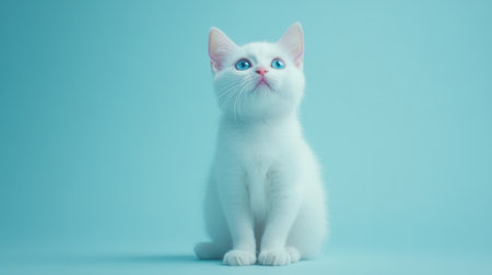 This charming white cat sits gracefully in a clean studio, showcasing its bright blue eyes and soft fur. A perfect shot for pet lovers and animal enthusiasts.の素材