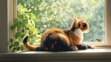 A cute calico cat rests peacefully on a sunny window sill, surrounded by greenery. This serene scene captures the warmth and tranquility of a cozy indoor moment.の素材