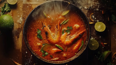Experience the vibrant flavors of Tom Yum Kung in this artistic shot, showcasing shrimp, herbs, and spices in a steaming bowl. A feast for the senses!の素材