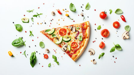 A vibrant slice of pizza featuring fresh vegetables like tomatoes and mushrooms, surrounded by aromatic herbs that enhance its appeal. Perfect for food lovers!の素材