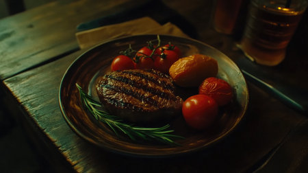 A beautifully grilled steak with visible char marks served on a rustic plate alongside fresh tomatoes and a sprig of rosemary, capturing a gourmet dining experience.の素材