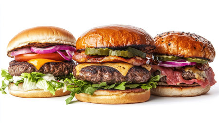 Explore a tempting variety of beef burgers stacked with vibrant toppings. Each burger features fresh ingredients and unique flavors, ideal for food photography.の素材