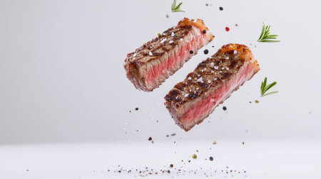 Savor the sight of perfectly seared steak slices adorned with crisp grill marks and a sprinkle of herbs, ideal for showcasing culinary excellence.の素材
