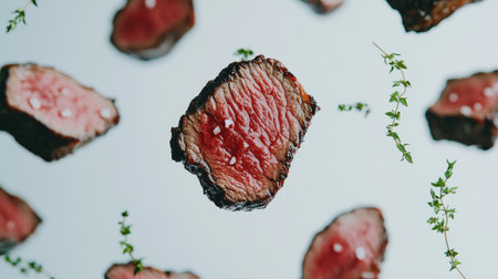 A visually appealing arrangement of floating seared beef steak slices with fresh thyme, showcasing vibrant colors and textures. Perfect for culinary presentations.の素材