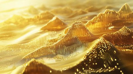A stunning 3D visualization of golden wave patterns resembling mountains. This abstract design captures light and texture, creating a serene, luxurious feel.の素材