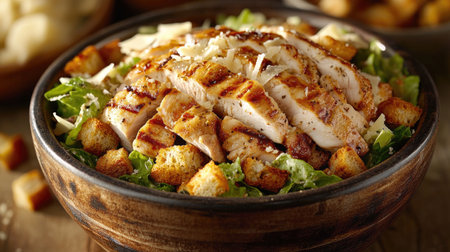 A tantalizing grilled chicken salad served in a rustic bowl, featuring crisp lettuce, crunchy croutons, and savory chicken slices for a delightful meal.の素材