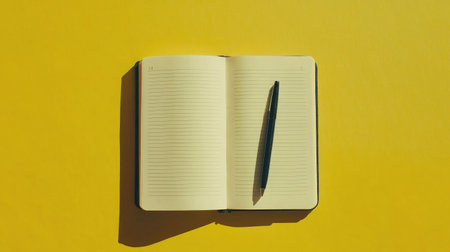 An open notebook lies on a bright yellow background with a pen placed on its pages, inviting creativity and organization for writing or journaling.の素材