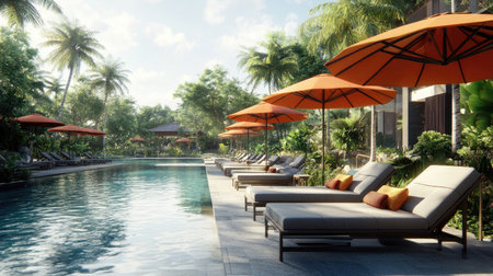 Experience tranquility at a luxurious poolside retreat featuring comfortable lounge chairs under vibrant orange umbrellas, surrounded by lush tropical greenery.の素材