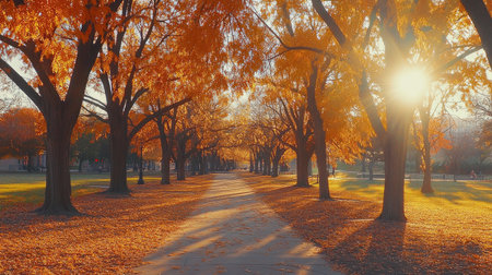 A picturesque autumn pathway lined with golden trees, sunlight streaming through foliage, creates a peaceful and inviting outdoor scene ideal for nature lovers.の素材
