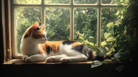 A cute calico cat rests peacefully on a sunny window sill, surrounded by lush greenery. Its serene expression and soft fur create a tranquil atmosphere perfect for pet lovers.の素材