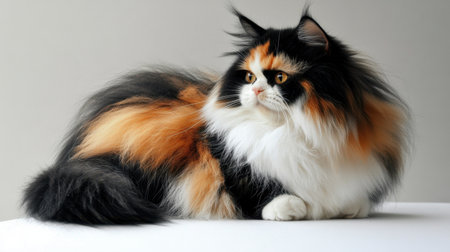 This stunning portrait features a fluffy calico cat with a white face lounging elegantly. Its vibrant fur and captivating gaze make it a perfect representation of feline beauty.の素材