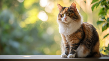 A charming fluffy calico cat sits gracefully by a window, illuminated by soft natural light, showcasing its beautiful markings and serene demeanor. Perfect for animal lovers.の素材