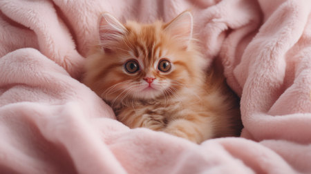 This adorable fluffy orange Persian kitten is comfortably nestled in a soft pink blanket, showcasing its large expressive eyes and playful spirit.の素材
