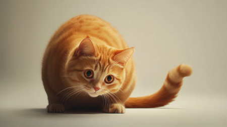 A charming scene featuring a playful crouching ginger cat, exuding curiosity with bright eyes and a lively expression, perfect for animal lovers.の素材