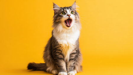 Adorable fluffy gray and white cat with lively green eyes sitting against a bright background. Perfect for capturing playful animal moments and expressions.の素材