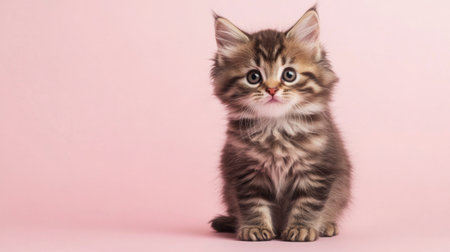 This charming fluffy brown tabby kitten captivates with its wide eyes and playful demeanor. Set against a soft pink background, it exudes cuteness and warmth.の素材