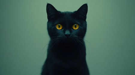 A captivating close-up portrait of a black cat with bright yellow eyes, showcasing its intense expression and sleek fur against a muted background.の素材
