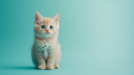 A fluffy cream kitten with expressive blue eyes sits against a soft pastel background, exuding charm and playfulness. Perfect for pet lovers!の素材
