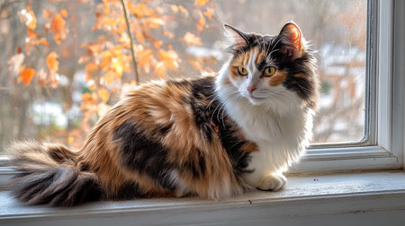 A fluffy calico cat sits calmly on a window sill, basking in the sunlight. Its beautiful coat features warm colors that complement the tranquil autumn background.の素材