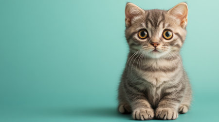 This adorable Scottish Fold kitten with unique folded ears is sitting on a turquoise background, exuding charm and playfulness, perfect for pet lovers.の素材