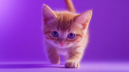 A curious munchkin kitten with soft orange fur and bright blue eyes is playfully exploring a vibrant purple background, exuding charm and liveliness.の素材