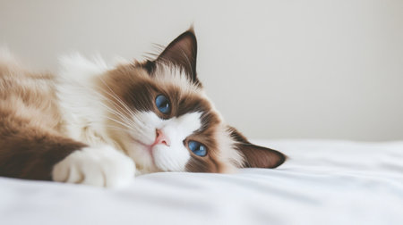 A fluffy Ragdoll cat lounges peacefully on a soft bed, showcasing its stunning blue eyes and adorable expression. Perfect for pet lovers and home decor.の素材