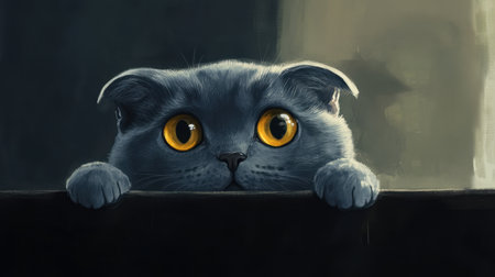 An adorable Scottish Fold cat with round amber eyes peeks over a surface, showcasing a curious and playful expression. Ideal for animal lovers.の素材