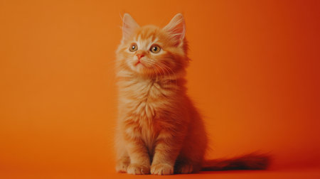 A curious Scottish cat with long, straight fur sits on a vibrant orange background, showcasing its adorable expressions and fluffy features. Perfect for pet lovers!の素材