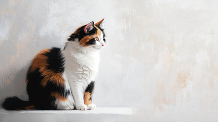 This vibrant portrait features a curious calico cat with a striking white face, sitting elegantly against a neutral background, showcasing its unique colors and charm.の素材