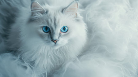 A stunning fluffy white cat with vivid blue eyes perches gracefully in soft surroundings, exuding an aura of serenity and charm. Perfect for cat lovers!の素材