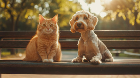 A charming scene capturing a ginger cat and a loyal dog sitting together in harmony. The warm sunlight creates a peaceful atmosphere in a beautiful park setting.の素材
