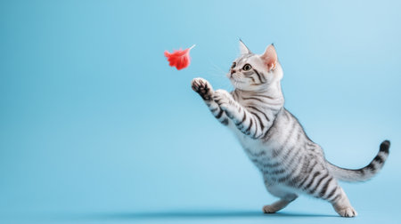 A playful American Shorthair cat with striking black stripes, captured mid-jump while reaching for a vibrant feather toy against a blue background.の素材