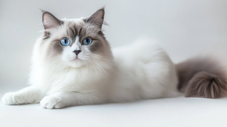 A stunning bicolor Ragdoll cat with striking blue eyes relaxes on a soft background, showcasing its fluffy coat and charming personality. Perfect for cat lovers!の素材