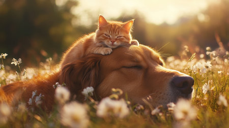 A charming scene of a ginger cat peacefully napping atop a dogの素材
