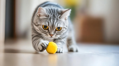 A playful American Shorthair cat engages with a small yellow ball, showcasing its sleek fur and vibrant personality in a cozy indoor setting.の素材