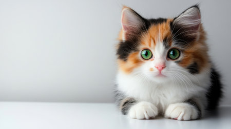 This adorable calico kitten showcases bright green eyes and a playful demeanor. Perfect for conveying cuteness, affection, and youthful charm.の素材