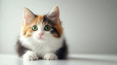 Adorable calico kitten with bright green eyes lies playfully on a surface. Captivating expression and fluffy fur evoke warmth and charm. Perfect for pet lovers.の素材