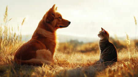 A serene portrait of a ginger dog sitting in a panoramic outdoor field during sunset, capturing the essence of tranquility and companionship in nature.の素材