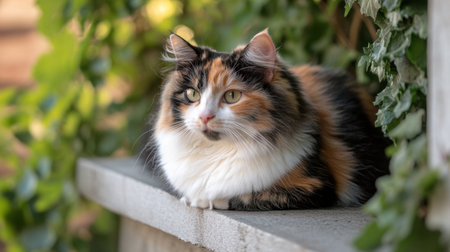 A charming fluffy calico cat resting on a window sill, surrounded by green ivy. This serene and peaceful scene showcases the cat's beautiful markings and curious gaze.の素材
