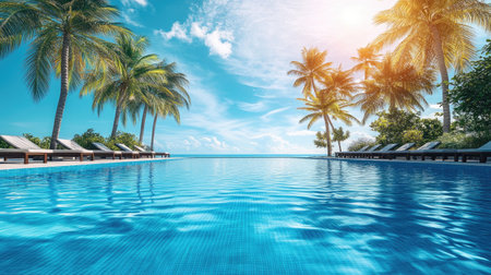 A tranquil poolside scene featuring clear blue water, tropical palm trees, and a bright sky, perfect for evoking relaxation and vacation vibes.の素材