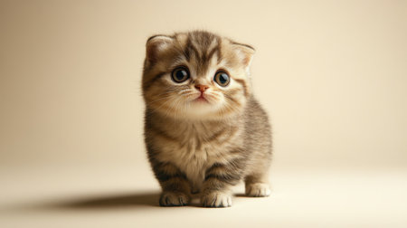 This adorable tabby kitten with bright eyes and soft fur stands playfully, showcasing its curious personality and charming innocence. Perfect for animal lovers!の素材