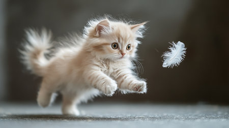 A playful kitten with curled ears leaps excitedly after a feather, showcasing its adorable charm and lively spirit in a captivating, joyful moment.の素材