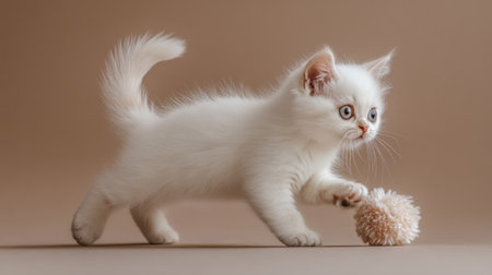 This adorable playful exotic shorthair kitten is seen interacting with a fluffy toy. Its soft white fur and captivating blue eyes highlight its charming personality.の素材