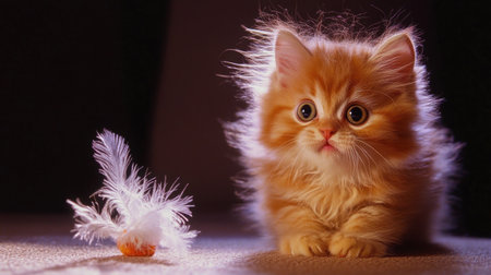 This adorable fluffy orange Persian kitten radiates curiosity and playfulness. The cute pet sits next to a feather toy, showcasing vibrant fur and big, expressive eyes.の素材