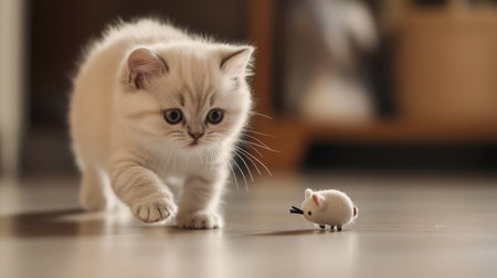 This delightful image captures a playful exotic shorthair kitten with soft white fur. Its curious gaze and lively pose make it an adorable representation of youthful innocence.の素材