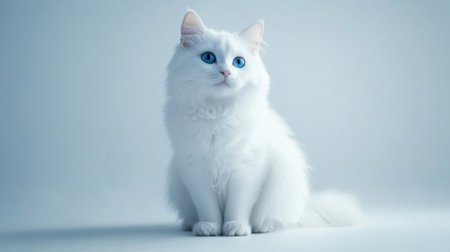 A poised white cat with striking bright blue eyes sits gracefully against a soft background. This adorable feline exudes a calm and gentle demeanor, making it a perfect subject for pet photography.の素材