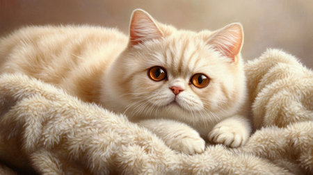 A charming regal exotic shorthair cat nestled comfortably on a luxurious blanket, showcasing its exquisite fur, warm expression, and delightful demeanor.の素材