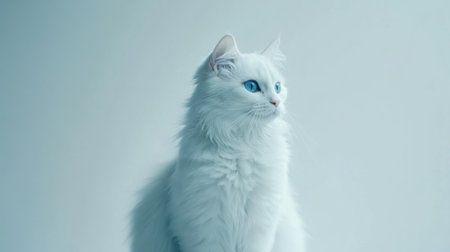 A serene portrait of a poised white cat with striking bright blue eyes sitting gracefully, capturing a sense of elegance and calmness against a minimalistic backdrop.の素材
