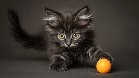 This adorable black Maine Coon kitten plays with a bright orange ball, showcasing its playful spirit and soft fur. Perfect for capturing the joy of young pets.の素材